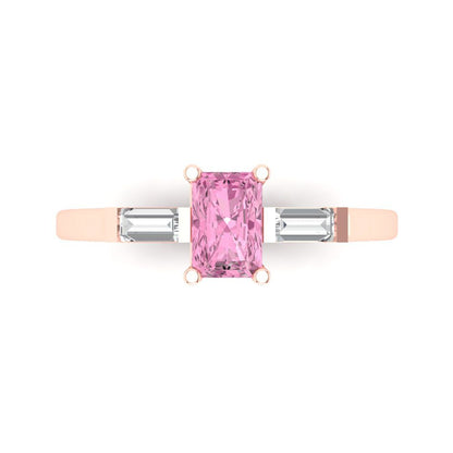0.8 cttw Zirconia Simulated Pink Diamond Three-Stone Engagement Ring - Solid Gold (VVS1, Emerald Cut,6x4mm)
