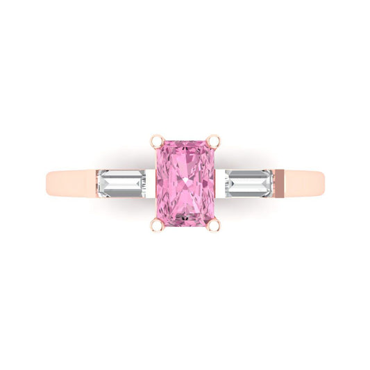 0.8 cttw Zirconia Simulated Pink Diamond Three-Stone Engagement Ring - Solid Rose Gold (VVS1, Emerald Cut,6x4mm)