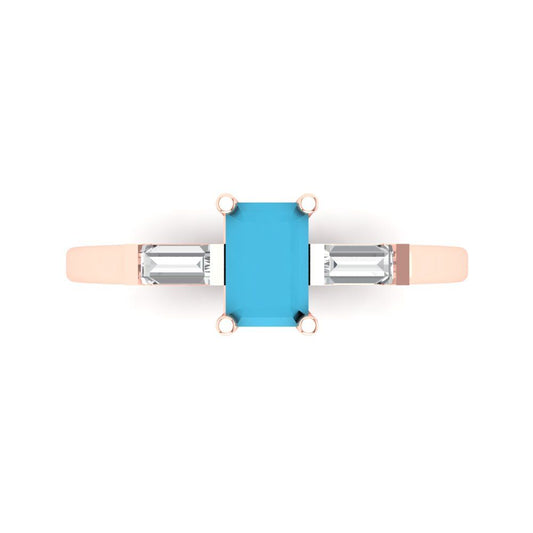 0.8 cttw Simulated Turquoise Three-Stone Engagement Ring - Solid Rose Gold (VVS1, Emerald Cut,6x4mm)