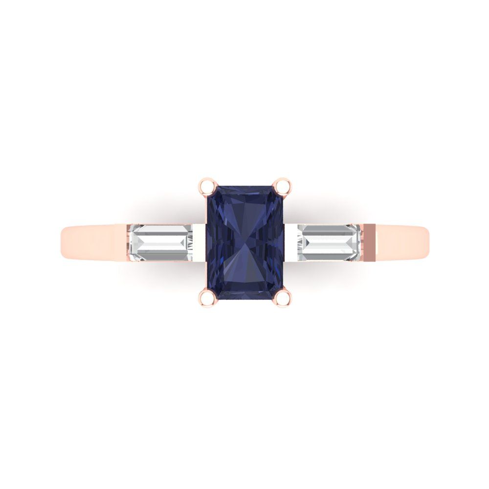 0.8 cttw Simulated Blue Sapphire Three-Stone Engagement Ring - Solid Gold (Emerald Cut,6x4mm)
