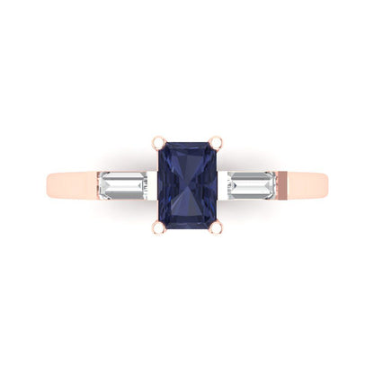 0.8 cttw Simulated Blue Sapphire Three-Stone Engagement Ring - Solid Gold (Emerald Cut,6x4mm)