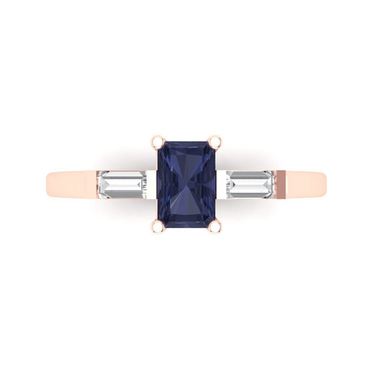 0.8 cttw Simulated Blue Sapphire Three-Stone Engagement Ring - Solid Rose Gold (VVS1, Emerald Cut,6x4mm)