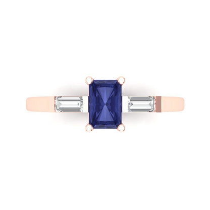 0.8 cttw Simulated Tanzanite Three-Stone Engagement Ring - Solid Gold (Emerald Cut,6x4mm)