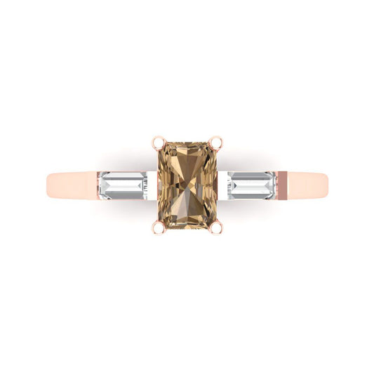 0.8 cttw Zirconia Simulated Champagne Diamond Three-Stone Engagement Ring - Solid Rose Gold (VVS1, Emerald Cut,6x4mm)