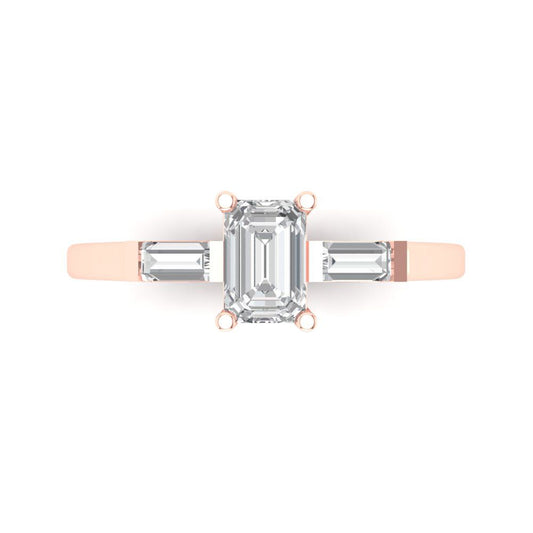 0.8 cttw Moissanite Three-Stone Engagement Ring - Solid Rose Gold (VVS1, Emerald Cut,6x4mm)