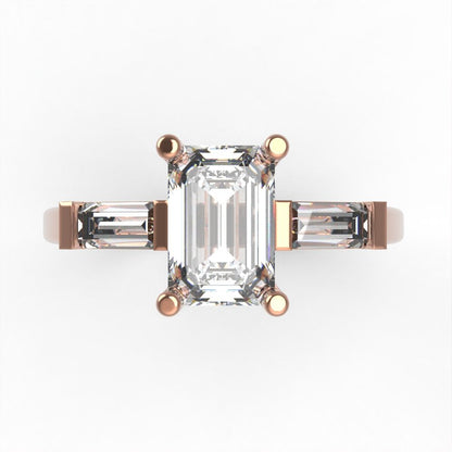 0.8 ct Brilliant Emerald Cut Natural Diamond Stone Clarity VS1-2 Color G-H Rose Gold Three-Stone Ring