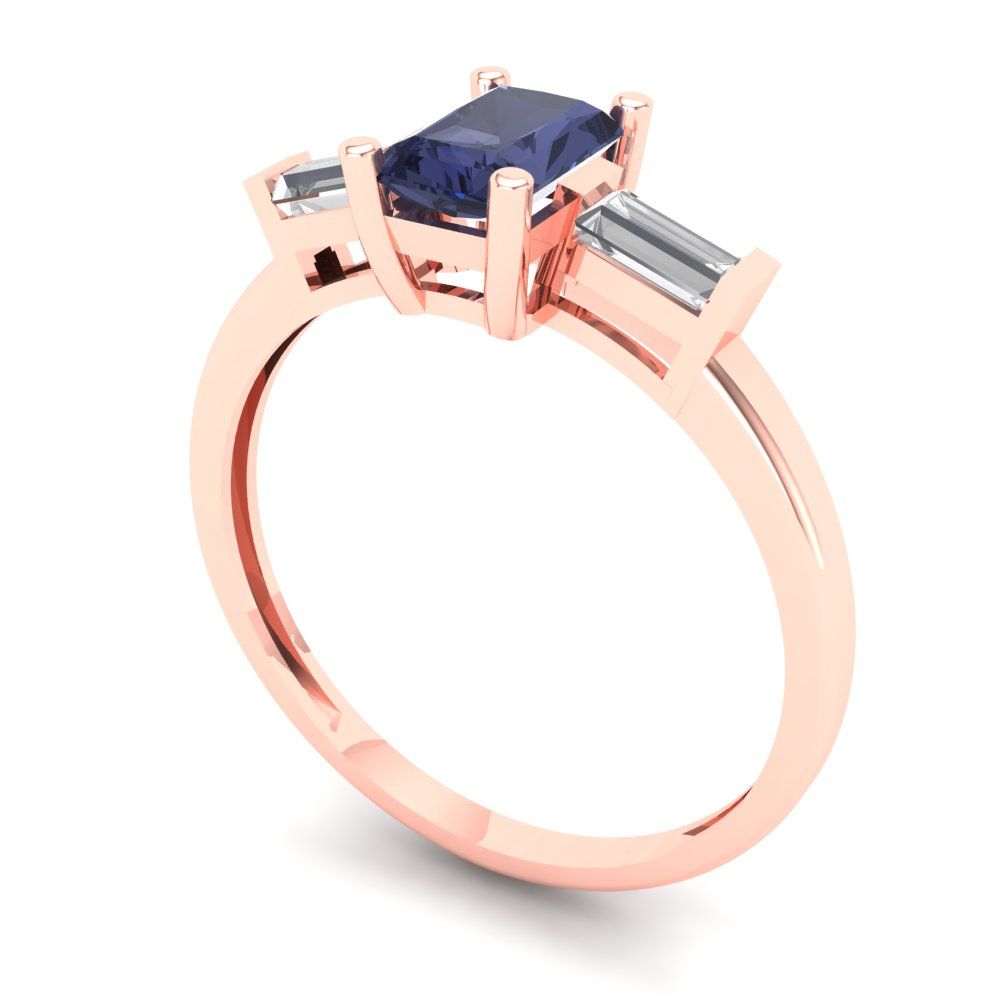0.8 cttw Simulated Blue Sapphire Three-Stone Engagement Ring - Solid Gold (Emerald Cut,6x4mm)