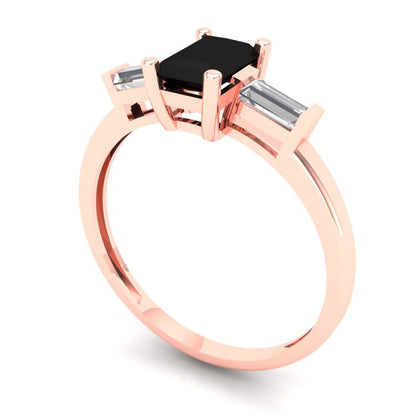 0.8 cttw Natural Onyx Three-Stone Engagement Ring - Solid Gold (Emerald Cut,6x4mm)