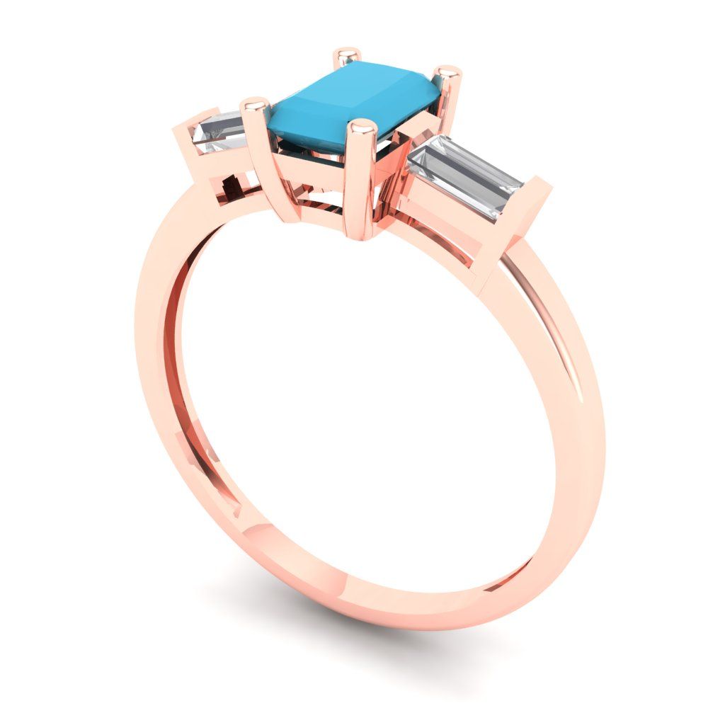 0.8 cttw Simulated Turquoise Three-Stone Engagement Ring - Solid Gold (Emerald Cut,6x4mm)