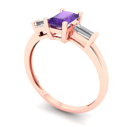 0.8 cttw Natural Amethyst Three-Stone Engagement Ring - Solid Gold (Emerald Cut,6x4mm)