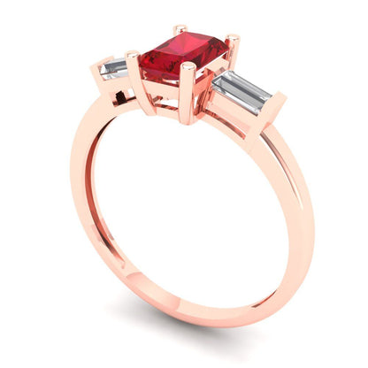 0.8 cttw Simulated Ruby Three-Stone Engagement Ring - Solid Rose Gold (VVS1, Emerald Cut,6x4mm)