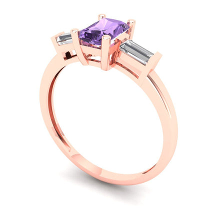 0.8 cttw Simulated Alexandrite Three-Stone Engagement Ring - Solid Gold (Emerald Cut,6x4mm)