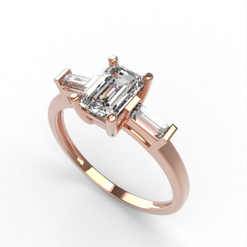 0.8 ct Brilliant Emerald Cut Natural Diamond Stone Clarity SI1-2 Color G-H Rose Gold Three-Stone Ring