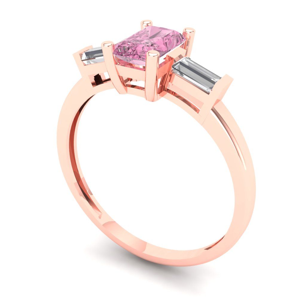 0.8 cttw Zirconia Simulated Pink Diamond Three-Stone Engagement Ring - Solid Gold (VVS1, Emerald Cut,6x4mm)