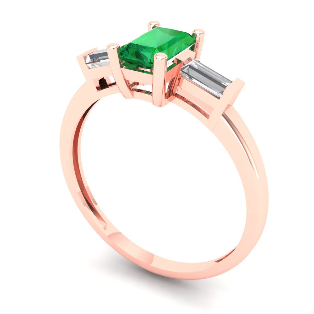 0.8 cttw Simulated Emerald Three-Stone Engagement Ring - Solid Gold (Emerald Cut,6x4mm)