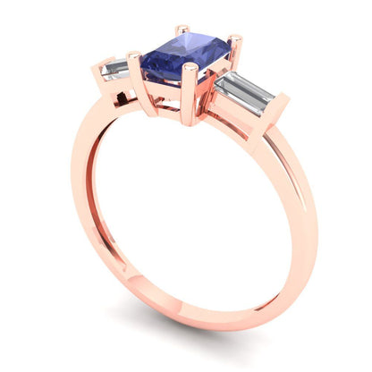 0.8 cttw Simulated Tanzanite Three-Stone Engagement Ring - Solid Gold (Emerald Cut,6x4mm)