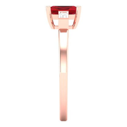 0.8 cttw Simulated Ruby Three-Stone Engagement Ring - Solid Rose Gold (VVS1, Emerald Cut,6x4mm)