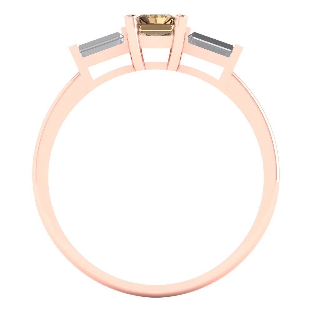 0.8 cttw Zirconia Simulated Champagne Diamond Three-Stone Engagement Ring - Solid Gold (VVS1, Emerald Cut,6x4mm)