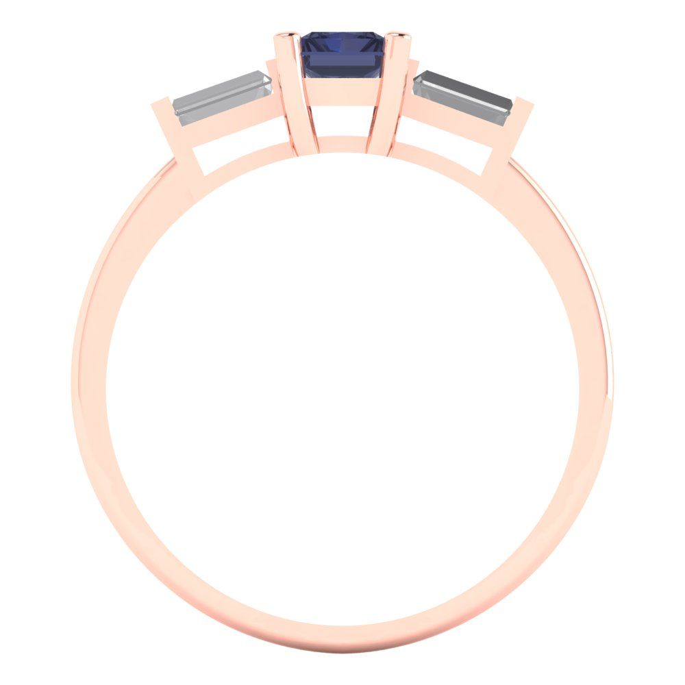 0.8 cttw Simulated Blue Sapphire Three-Stone Engagement Ring - Solid Gold (Emerald Cut,6x4mm)