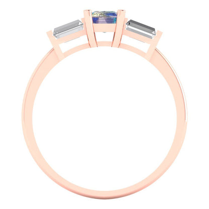 0.8 cttw Blue Moissanite Three-Stone Engagement Ring - Solid Gold (Emerald Cut,6x4mm)