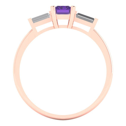 0.8 cttw Natural Amethyst Three-Stone Engagement Ring - Solid Gold (Emerald Cut,6x4mm)