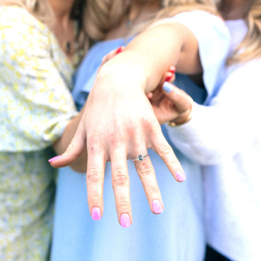 0.8 cttw Blue Moissanite Three-Stone Engagement Ring - Solid Gold (Emerald Cut,6x4mm)