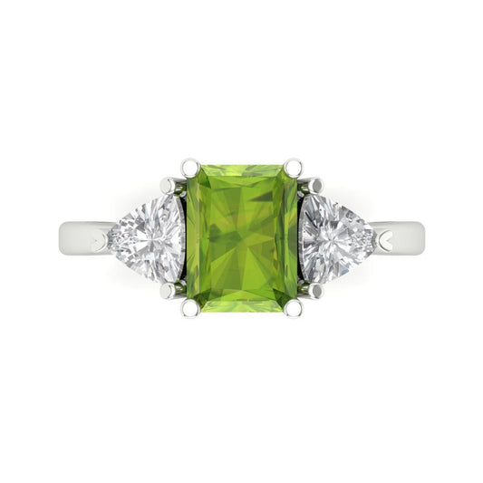 2.82 cttw Natural Peridot Three-Stone Engagement Ring - Solid White Gold (VVS1, Emerald Cut,8x6mm)