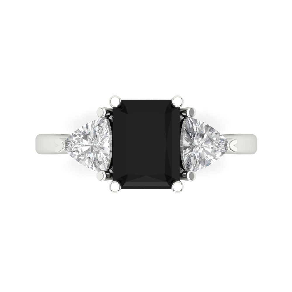 2.82 cttw Natural Onyx Three-Stone Engagement Ring - Solid White Gold (VVS1, Emerald Cut,8x6mm)