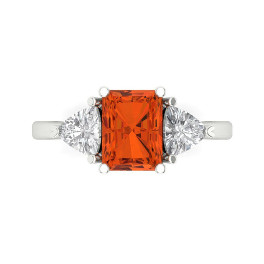 2.82 cttw Zirconia Simulated Red Diamond Three-Stone Engagement Ring - Solid White Gold (VVS1, Emerald Cut,8x6mm)