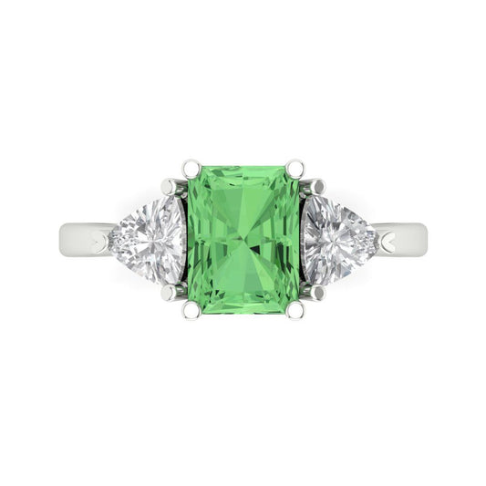 2.82 cttw Zirconia Simulated Green Diamond Three-Stone Engagement Ring - Solid White Gold (VVS1, Emerald Cut,8x6mm)