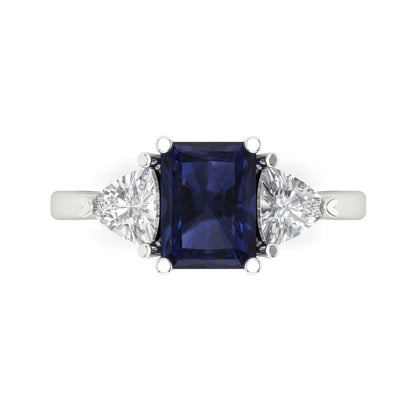 2.82 cttw Simulated Blue Sapphire Three-Stone Engagement Ring - Solid Gold (Emerald Cut,8x6mm)