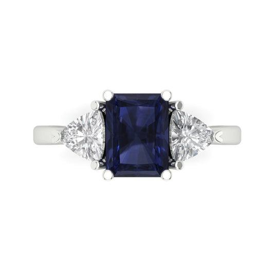 2.82 cttw Simulated Blue Sapphire Three-Stone Engagement Ring - Solid White Gold (VVS1, Emerald Cut,8x6mm)