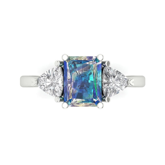 2.82 cttw Blue Moissanite Three-Stone Engagement Ring - Solid White Gold (VVS1, Emerald Cut,8x6mm)