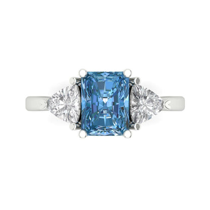 2.82 cttw Zirconia Simulated Blue Diamond Three-Stone Engagement Ring - Solid Gold (VVS1, Emerald Cut,8x6mm)