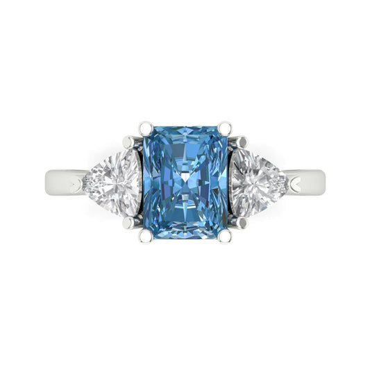 2.82 cttw Zirconia Simulated Blue Diamond Three-Stone Engagement Ring - Solid White Gold (VVS1, Emerald Cut,8x6mm)