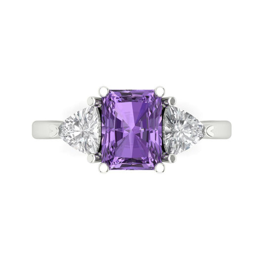2.82 cttw Simulated Alexandrite Three-Stone Engagement Ring - Solid White Gold (VVS1, Emerald Cut,8x6mm)