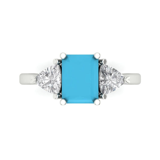 2.82 cttw Simulated Turquoise Three-Stone Engagement Ring - Solid White Gold (VVS1, Emerald Cut,8x6mm)