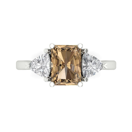 2.82 cttw Zirconia Simulated Champagne Diamond Three-Stone Engagement Ring - Solid White Gold (VVS1, Emerald Cut,8x6mm)