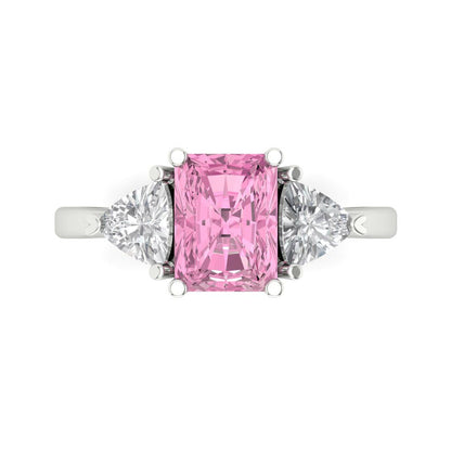 2.82 cttw Zirconia Simulated Pink Diamond Three-Stone Engagement Ring - Solid Gold (VVS1, Emerald Cut,8x6mm)