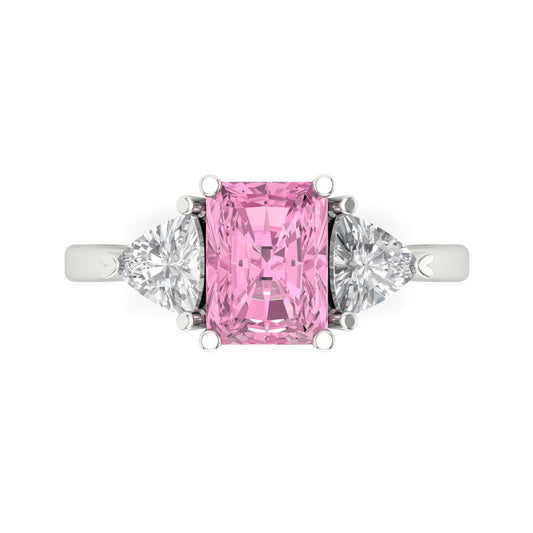 2.82 cttw Zirconia Simulated Pink Diamond Three-Stone Engagement Ring - Solid White Gold (VVS1, Emerald Cut,8x6mm)