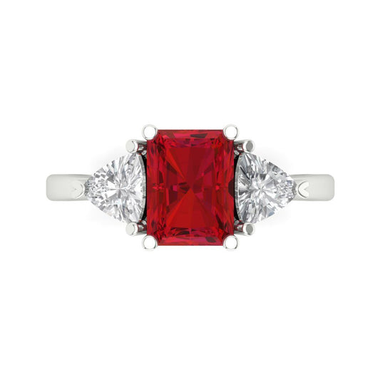 2.82 cttw Simulated Ruby Three-Stone Engagement Ring - Solid White Gold (VVS1, Emerald Cut,8x6mm)