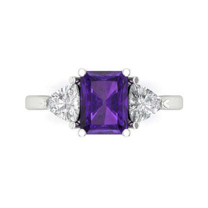 2.82 cttw Natural Amethyst Three-Stone Engagement Ring - Solid Gold (Emerald Cut,8x6mm)