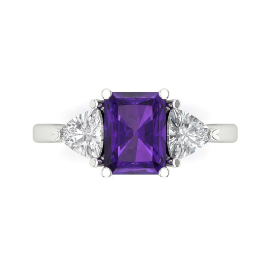 2.82 cttw Natural Amethyst Three-Stone Engagement Ring - Solid White Gold (VVS1, Emerald Cut,8x6mm)