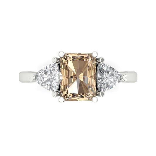 2.82 cttw Yellow Moissanite Three-Stone Engagement Ring - Solid White Gold (VVS1, Emerald Cut,8x6mm)