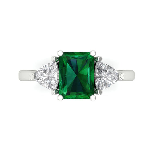 2.82 cttw Simulated Emerald Three-Stone Engagement Ring - Solid White Gold (VVS1, Emerald Cut,8x6mm)