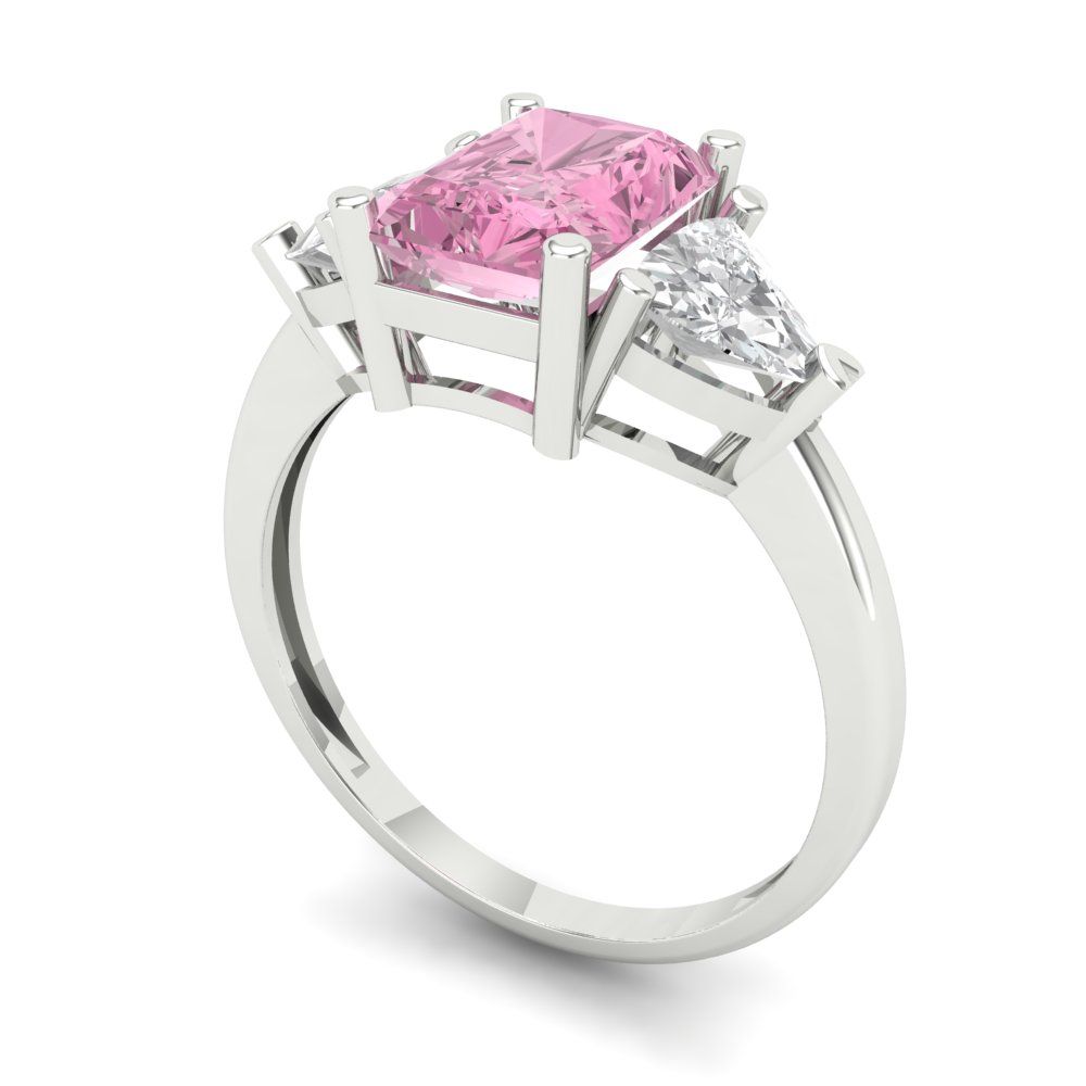 2.82 cttw Zirconia Simulated Pink Diamond Three-Stone Engagement Ring - Solid Gold (VVS1, Emerald Cut,8x6mm)