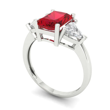 2.82 cttw Simulated Ruby Three-Stone Engagement Ring - Solid White Gold (VVS1, Emerald Cut,8x6mm)