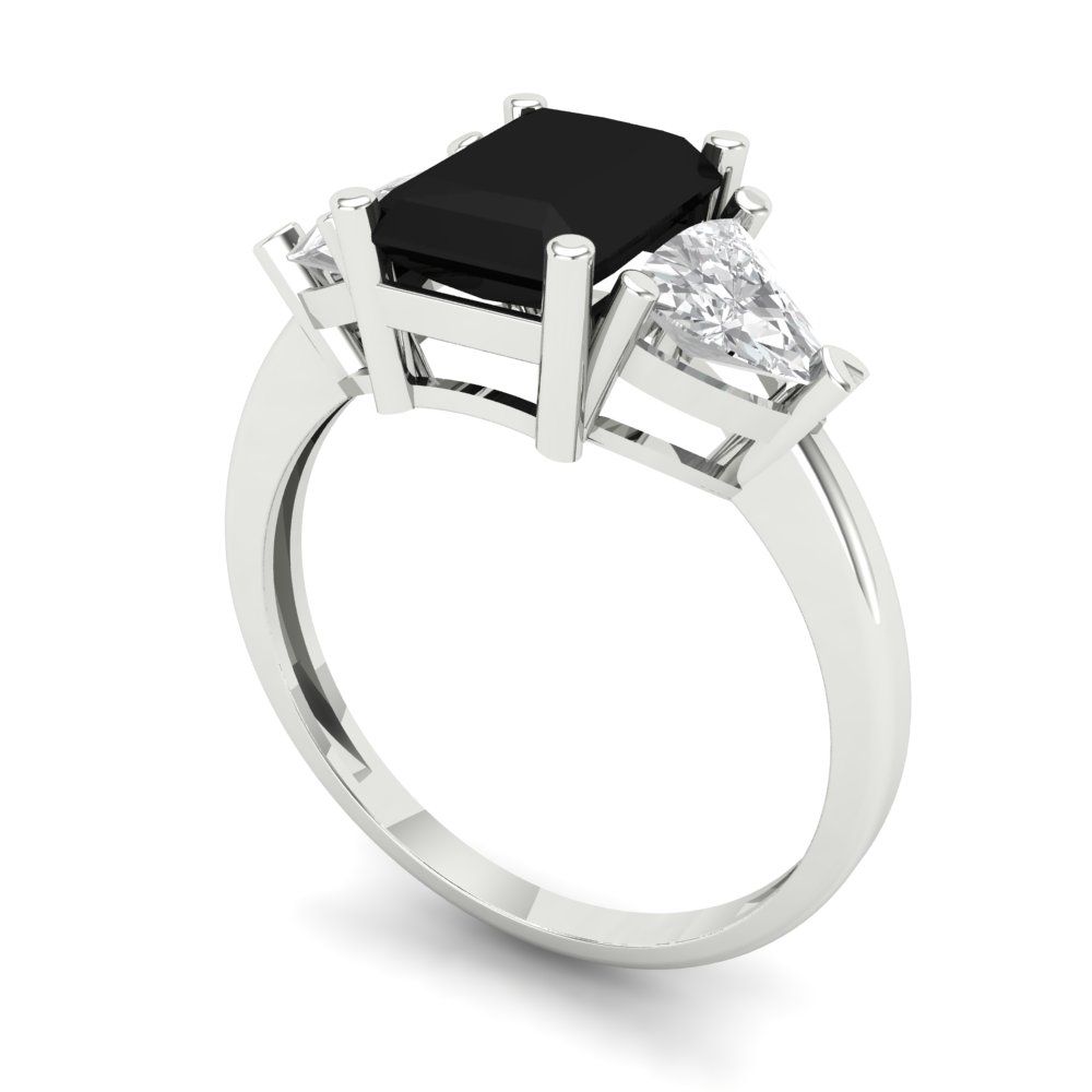 2.82 cttw Natural Onyx Three-Stone Engagement Ring - Solid White Gold (VVS1, Emerald Cut,8x6mm)