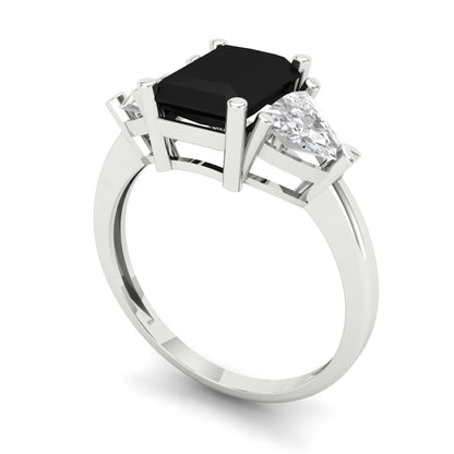 2.82 cttw Natural Onyx Three-Stone Engagement Ring - Solid White Gold (VVS1, Emerald Cut,8x6mm)