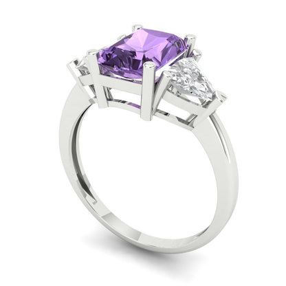2.82 cttw Simulated Alexandrite Three-Stone Engagement Ring - Solid White Gold (VVS1, Emerald Cut,8x6mm)